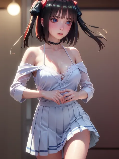 One girl,masterpiece,Highest quality,stockings,Checked mini skirt)、JK,,Are standing,In total length,Medium chest,Very detailed,[[Realistic]],Beautiful and attractive anime teen,Enchanting anime girl,Swinging skirt,blue eyes, hair ornaments, Hair Ribbon,Sho...