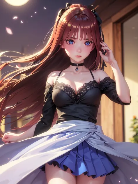 One girl,masterpiece,Highest quality,stockings,Checked mini skirt)、JK,,Are standing,In total length,Medium chest,Very detailed,[[Realistic]],Beautiful and attractive anime teen,Enchanting anime girl,Swinging skirt,blue eyes, hair ornaments, Hair Ribbon,Sho...