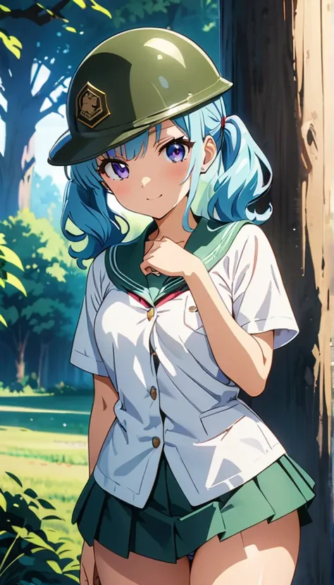 (anime artwork, anime style, studio anime, very detailed, up to date, vibrant, Anime Coloring, high contrast, masterpiece:1.2, best quality, best aesthetics),army girl,army helmet, pleated skirt, Medium chest, A glimpse of thighs, blue twintail hair, One e...