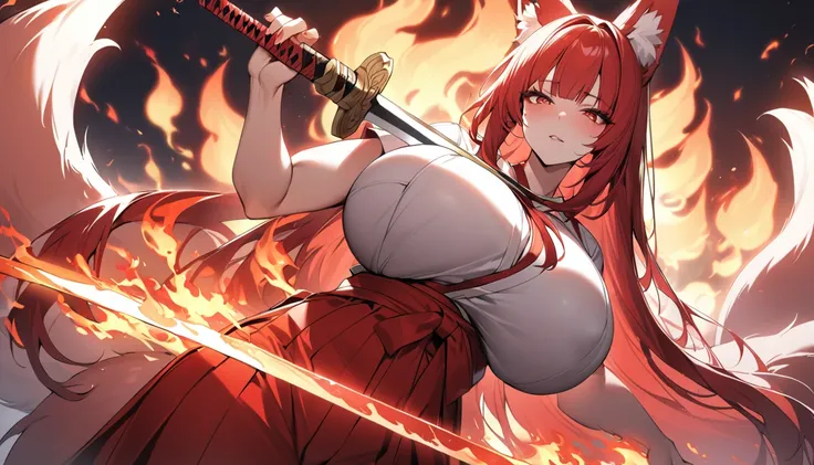 4K masterpiece High brightness crimson hair Very long ponytail Bangs down Mature woman Very large bust Huge breasts Exposed hakama Fox ears and nine fox tails of the same color as the hair Burning sword、Sword、He is wearing a five-fingered flame and is hold...