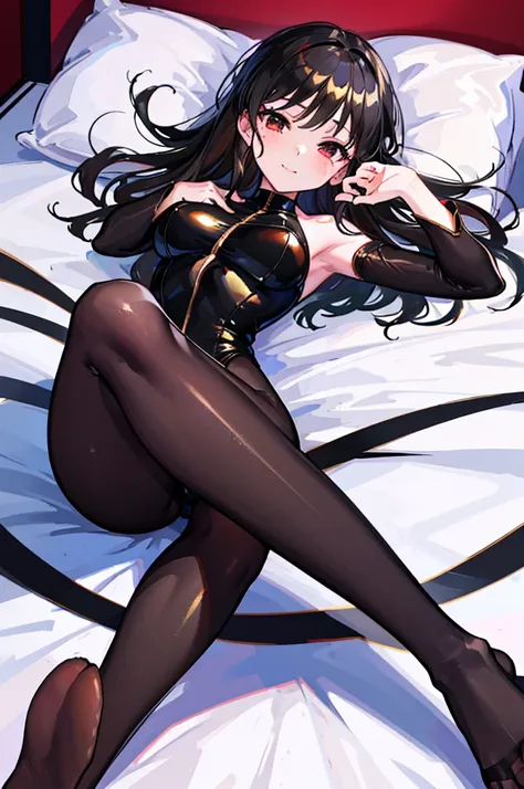 Highest quality　Highest quality　Draw a face carefully　High-definition anime-style face　Super Glowing Skin　Long black hair　Brown leotard　Golden pantyhose　Succubus　lure　smile　Lying down　Show the soles of your feet　Close up of the soles of the feet