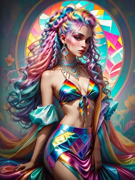 a mesmerizing and vibrant photograph of a bohemian fashionista with iridescent rainbow-colored hair. she is adorned in a captiva...