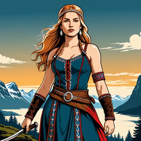 viking amazon in norway folk outfit, vector graphics, strong contours
