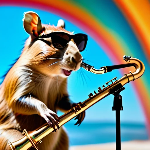 low angle, The photo shows a cute capybara wearing black sunglasses and playing the saxophone on a stage. psychedelic ocean background, the head is raised. The overall impression is humorous and adventurous. The intricate details of the mouses fur, whisker...