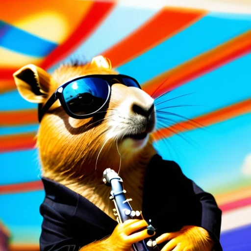 low angle, The photo shows a cute capybara wearing black sunglasses and playing the saxophone on a stage. psychedelic ocean background, the head is raised. The overall impression is humorous and adventurous. The intricate details of the mouses fur, whisker...