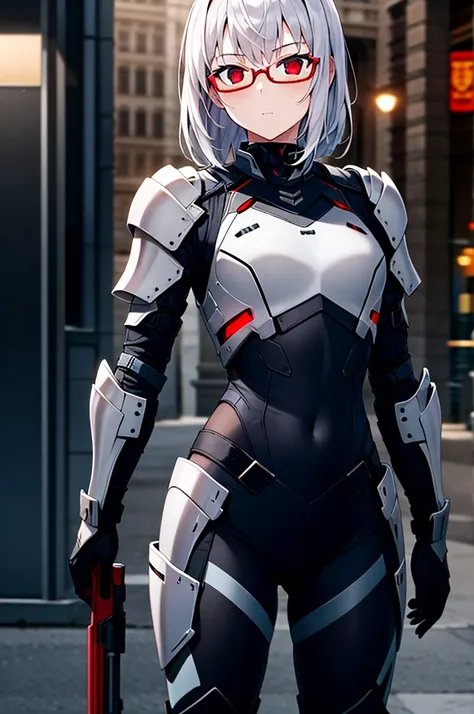 Masterpiece, solo, female, 1girl, 4k, standing, outdoor, white hair, glasses, short, futuristic black soldier armor, cowboy shots, Bokeh,red eyes, female soldier, bulletproof soldier armor, flat breast, flat chest, mature women 