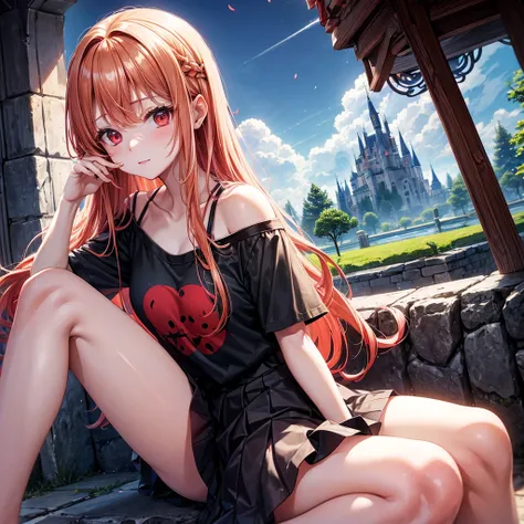 Red-blonde、Red eyes、One cute girl、solo、And soul、Light clothing、Checked mini skirt、petal、Wet hair、Sit on、black t-shirts、large tree、cloud、full moon、monster castle、lanthanum、Hell&#39;s Gate、Craft Gatekeeper、barefoot