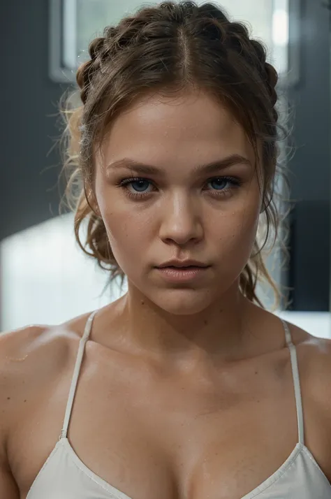 ronda rousey, white bra, blue jeans, beautiful detailed eyes, beautiful detailed lips, extremely detailed face, long eyelashes, photorealistic, 8k, professional photography, high quality, natural lighting, cinematic, dramatic lighting, warm color tones