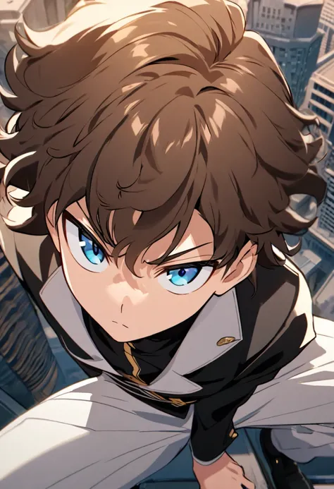 A serious brown-haired, Wavy shoulder-length blue-eyed 17 years old boy, With a black jacket with white details and white pants, in a pose from above with a city background, Boku no hero academy style