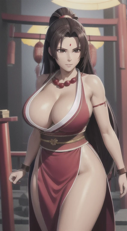 nighttime,full body,KOF:Mai Shiranui ,(((Wearing Japanese Shrine Witch Dress))), Jewelry, gigantic thighs, Masterpiece,best quality,official art,extremely detailed 3DCG unity 8k,(Perfect female curves, huge stacked breast),(A seductive gaze), Facing the ca...