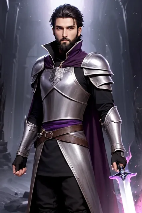 tall dark witch with brown eyes, short beard, short hair, rebel and black, tall and thin. He wears shiny metal armor and purple cloth., In the palm of his hand he holds a magical flame and in the other hand a shining sword