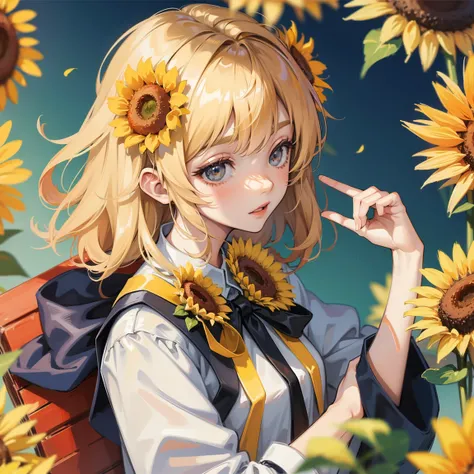 Anime female wearing graduation gown, holding a bouquet of sunflowers