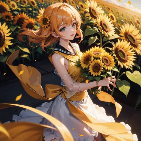 Anime female wearing graduation gown, holding a bouquet of sunflowers