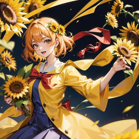 Anime female wearing graduation gown, holding a bouquet of sunflowers