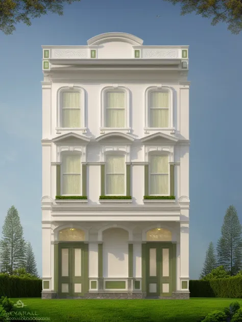 high quality images, keep the white color of the model house's current state, add stitching, cornices for edges, add green trees...