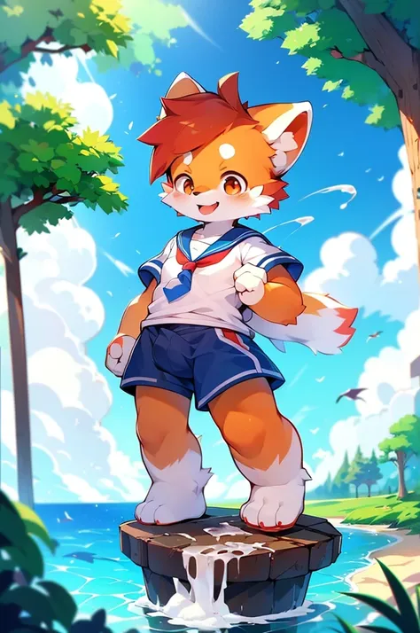 Red Panda Boy,8k resolution,Furry,          Ocean,Sailor uniform,Red collar,Two legs,Stand on your feet！                towering,lanky,lanky,penis,cum on tongue