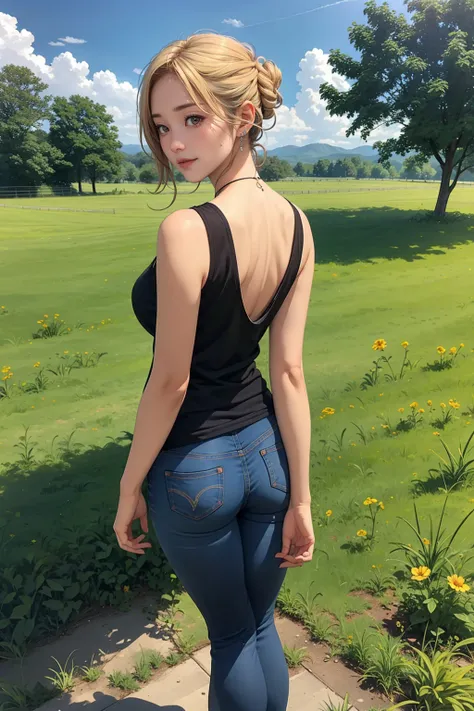 a beautiful woman with blonde updo hairstyle, big breasts, wearing a black tank top and skinny jeans, viewed from the back, smiling, standing in an open grassy field with a clear sky, View from below, fullbody shot, 