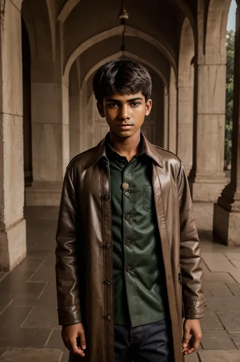 Generate a image of A 15 year old boy in Delhi standing with wearing old money coat dark tone realistic 4k