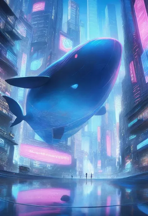 futuristic city, nature, Jump, whale,seabed， Mechanical, neon lights, reflection, skyscraper, hologram, ad, near future, city View, science and technology, vivid, fantasy