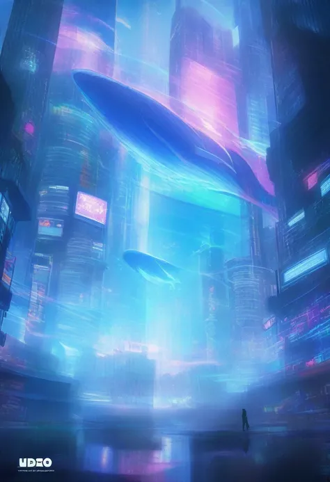 futuristic city, nature, Jump, whale,seabed， Mechanical, neon lights, reflection, skyscraper, hologram, ad, near future, city View, science and technology, vivid, fantasy