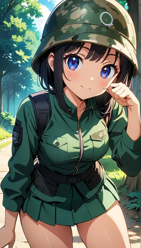 (anime artwork, anime style, studio anime, very detailed, up to date, vibrant, Anime Coloring, high contrast, masterpiece:1.2, best quality, best aesthetics),camouflage clothing,camouflage  helmet, pleated skirt, Medium chest, A glimpse of thighs,random ha...