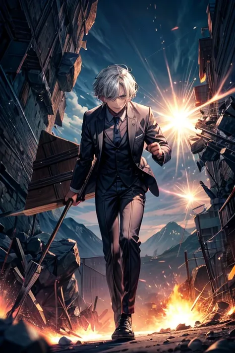 A man in a business suit pounding mochi with a 5m long hammer,handsome man,short hair,Broken Ground,Light emanating from the ground,A tense face,Ground destruction,shock wave,Flying Rocks