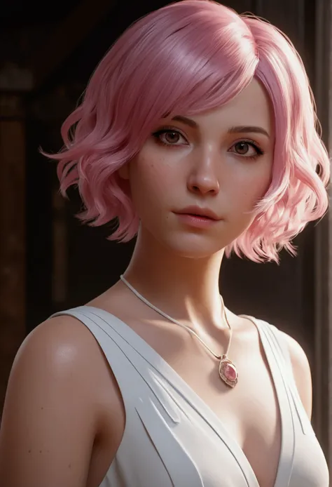 Alcanevi, A woman with medium-short pink hair wearing a white dress, female face, Unreal Engine Character Art, portrait