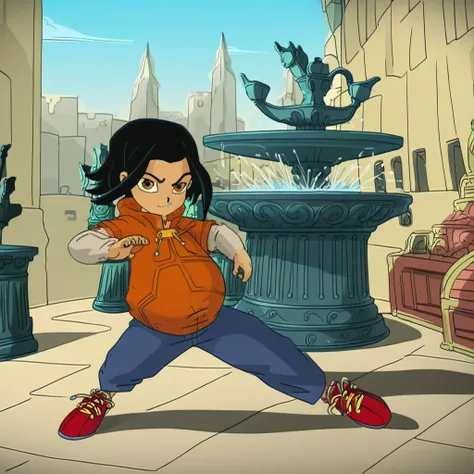 score_9, score_8_up, score_7_up, cartoon girl fighting stance, in front of fountain, , jadechan, short black hair, solo, brown e...