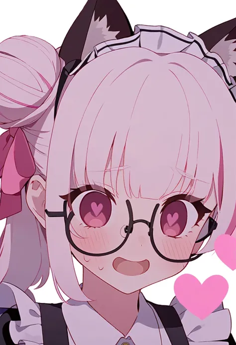 I have white pink hair, cat ears, a bun, my face is super blushing, black glasses, pink heart eyes, a maid&#39;s outfit, white stockings, white shoes, a cat&#39;s tail, a very shy girl sitting on a table. bed