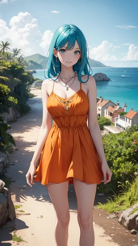 Slim beautiful woman, White skin, beautiful dress, bare legs, bare arms, Orange dress, blue hair, canello collects, standing, smiling, background an island in the distance and ships in the distance in elar, green eyes, silver necklace.