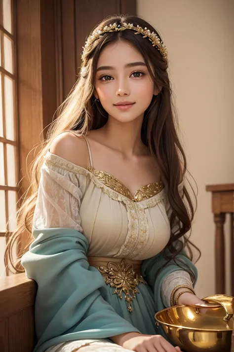 Absurd, ultra-detailed, high quality, masterpiece, detailed face, beautiful eyes(detailed eyes), Greek mythology Goddess, Hestia, goddess of the hearth and home, gentle and graceful, face exudes warmth and kindness, eyes described as soft and comforting, h...