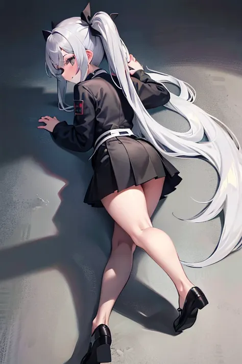 from above,silver hair, twintails, very long hair, アニメ, best quality, masterpiece、black mini skirt、black high neck half zipper、b...