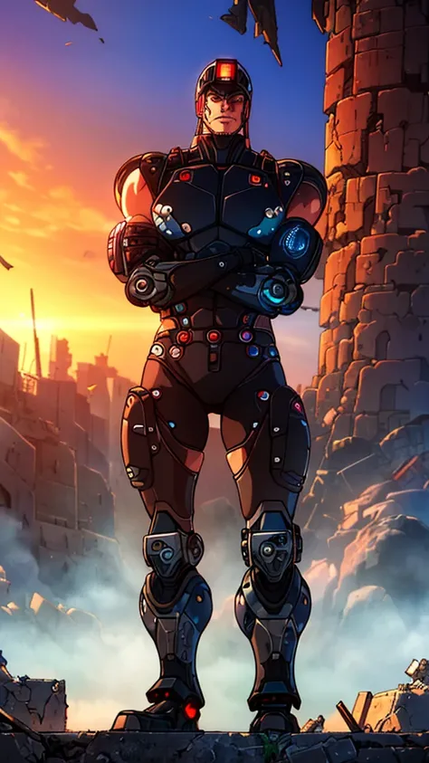 A highly detailed Cyborg, arms crossed in front of a destroyed city, boasting futuristic details on its bionic body. (Um ciborgue extremamente detalhado com arms crossed in front of a destroyed city, with futuristic details on its bionic body.)