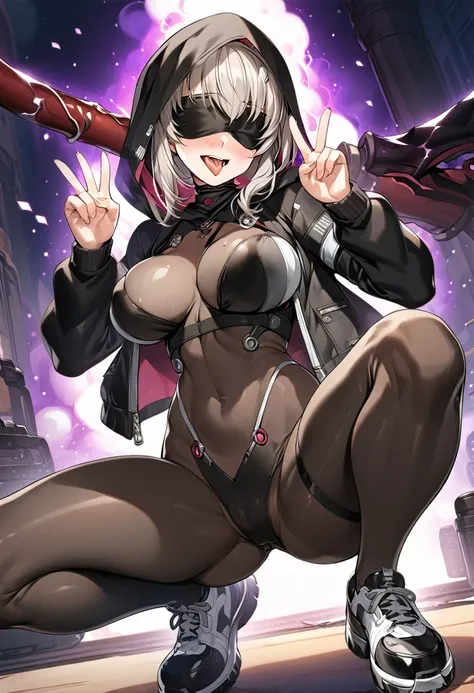 ( hands_up, double piece_sign, double_v:1.1), hood, jacket, body suit, black clothes, black wear, (((black tights))), weapon, cowboy shot, (((blindfold))), beautiful face, masterpiece, super fine illustration, ultra high res, masterwork, best quality, cg u...