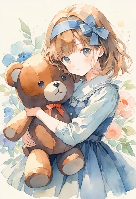 ((retro antique:1.5)),((hugging a stuffed teddy bear:1.5)),beautiful and cute girl,1 girl,solo,sharp features,sophisticated,((wa...