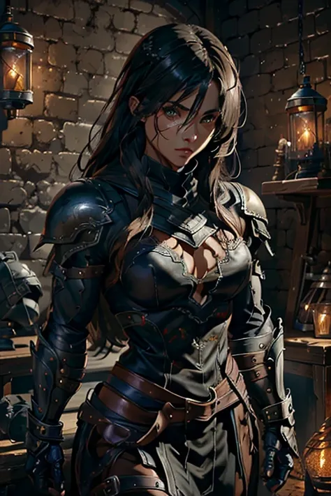 muscular female archer,rogue class character,half human half dragon,full leather armor,detailed face and eyes,beautiful detailed...