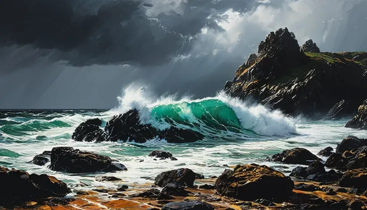 impactful paint of a stormy sea over rocks     highly detailed,   8k,   sharp,  professional, clear,   high contrast, high satur...