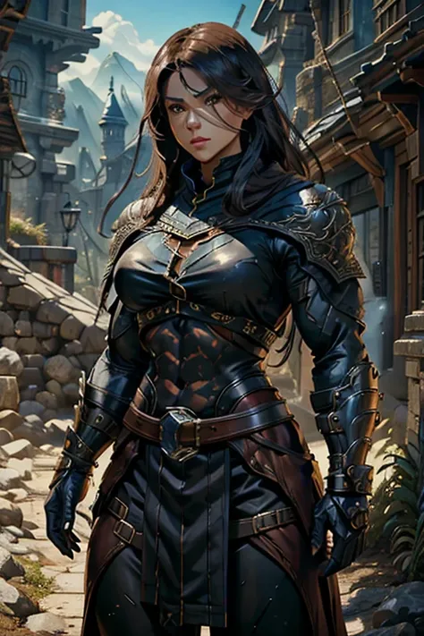 muscular female, archer/rogue class, mixed blood human and dragon, detailed facial features, intricate armor, dynamic pose, fant...