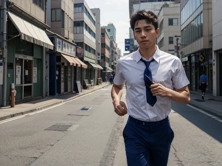 Real photo. Summer. A 20-year-old male office worker running through town to meet his girlfriend. Short sleeves, tie, navy blue pants, office worker fashion. Yokohama city.