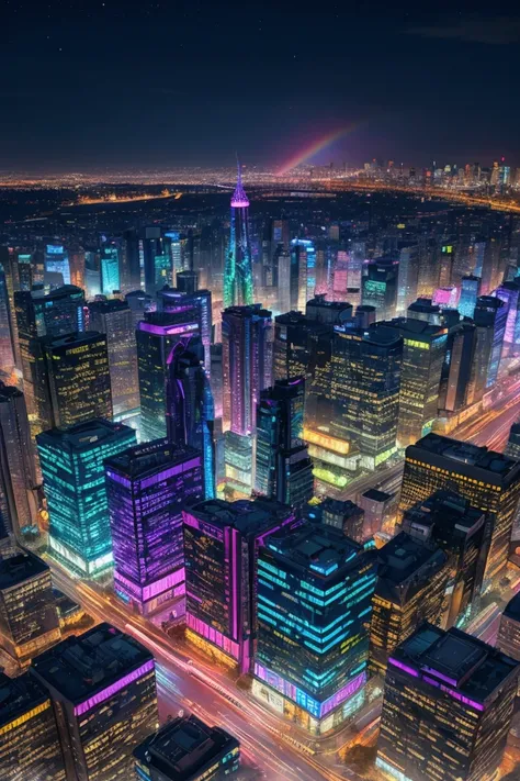 Complex, multi-layered urban environment at night. Cityscapes are highlighted with vibrant neon rainbow outlines, giving the scene a surreal, cyberpunk aesthetic. Sharp focus, highly detailed illustrations, masterpiece, high resolution