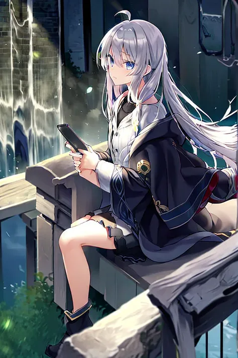 from above,silver hair, twintails, very long hair, アニメ, best quality, masterpiece、Black mini skirt、Black high neck half zipper、Black Pantyhose、looking at the camera、look back、Serious face
