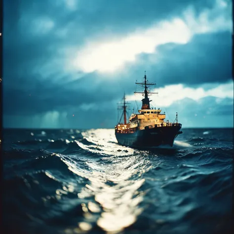 a ship in a stormy sea   film, bokeh, professional, blur, lomo