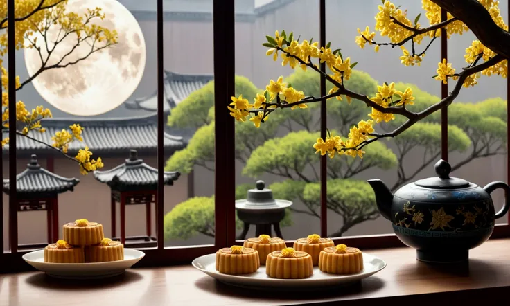 product shooting, by the window, golden osmanthus-fragrans-lour , moon cakes on the plate; outside the window are round moon, do...