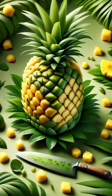 a whole pineapple with textured skin, green leaves, kitchen counter, knife nearby