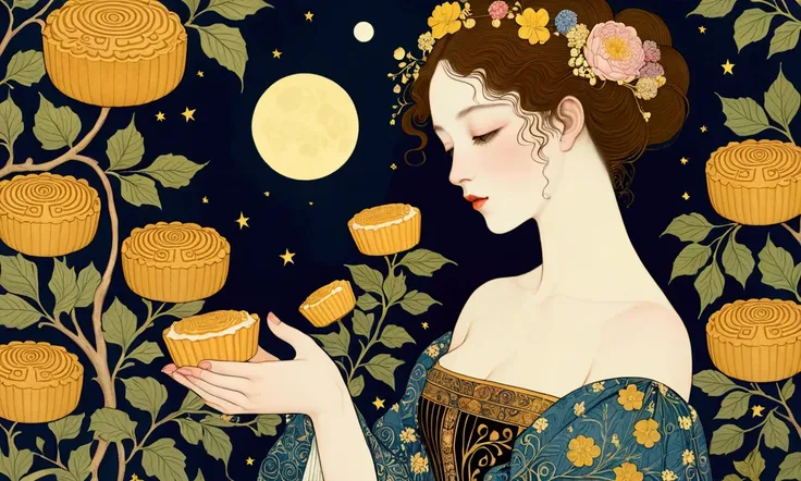 mid-autumn mooncakes，beautiful girl，moon，，gustav klimt，william morris，line illustration，neoclassicism，victorian