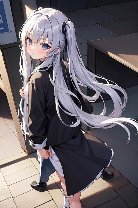 from above,silver hair, twintails, very long hair, アニメ, best quality, masterpiece、Black mini skirt、Black high neck half zipper、Black Pantyhose、looking at the camera、look back、Serious face
