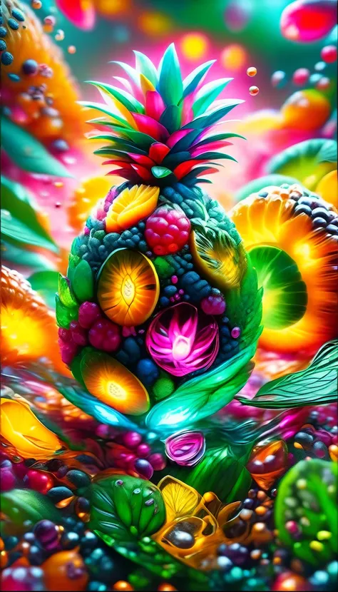 hyper detailed masterpiece pineapple ,dynamic,awesome quality,floating liquid plant,ral-passion fruit,photorealistic,cinematic l...