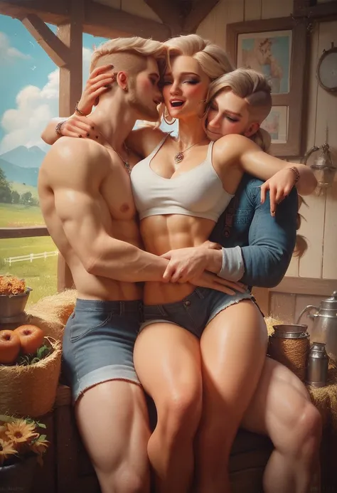 score_9, score_8, score_7_up, 1girl, 2boy, magnificent body, A luscious milkmaid has fun with her boyfriend on a animal farm, hugs his legs, friendly sex