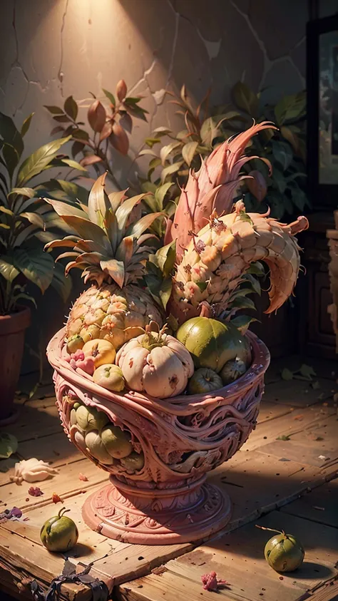 hyper detailed masterpiece pineapple ,dynamic,awesome quality,floating liquid plant,ral-passion fruit,photorealistic,cinematic l...