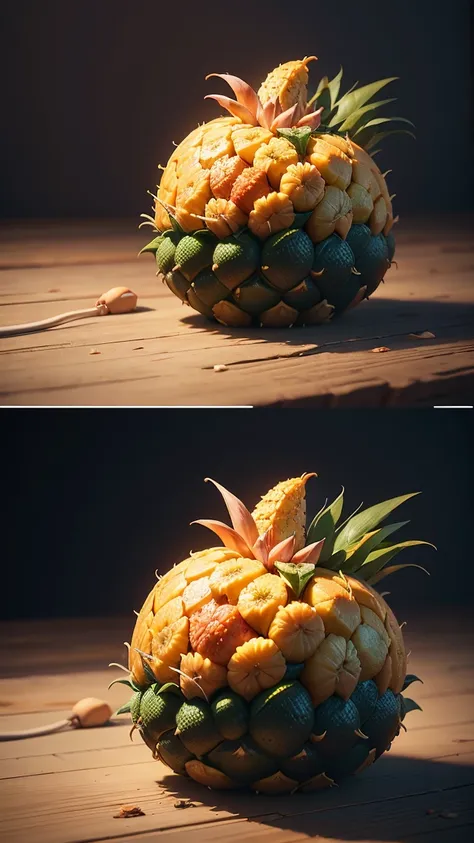 hyper detailed masterpiece pineapple ,dynamic,awesome quality,floating liquid plant,ral-passion fruit,photorealistic,cinematic l...